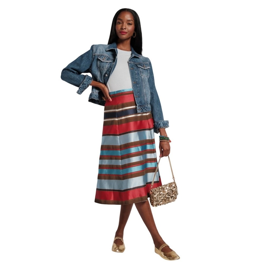 NWT Frances Valentine Mercer Skirt Wide Stripe A-Line Red Black Teal Blue Medium